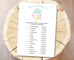 Cloud Baby Shower Game Animal Gestation Game Cards Animal Pregnancy Raindrops Rain Drops Download File Baby Game Shower Activities DIY 0036