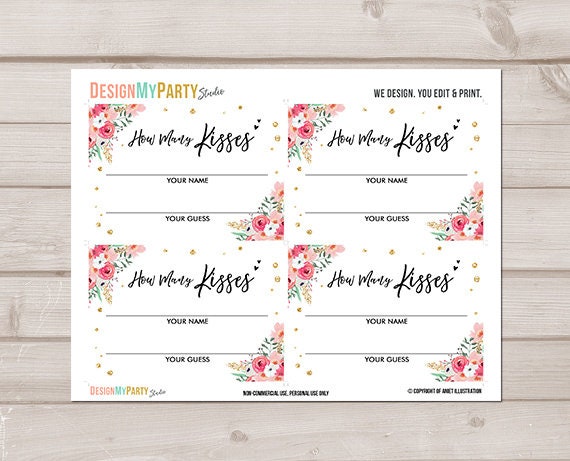 Guess How Many Kisses Bridal Shower Game Wedding Shower Activity Floral Pink Gold Are in The Jar Game Instant Download Printable 0030 0318