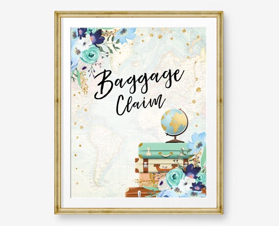 Baggage Claim Sign Travel Adventure Bridal Shower Wedding Birthday Flowers Globe Suitcase Blue Confetti Instant Download Printable 0030
