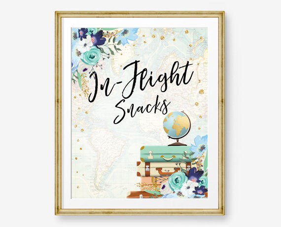 In-Flight Snacks Sign Travel Adventure Bridal Shower Wedding Birthday Flowers Globe Suitcase Blue Confetti Instant Download Printable 0030