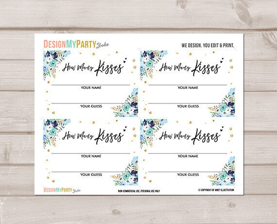 Guess How Many Kisses Bridal Shower Game Wedding Shower Activity Floral Blue Gold Are in The Jar Game Instant Download PRINTABLE 0030