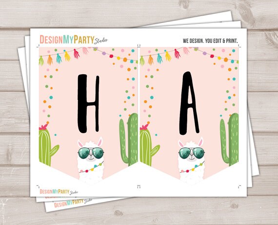 Happy Birthday Banner Llama Birthday Banner Fiesta Birthday Girl Cactus Llama Decoration Pink Instant download PRINTABLE DIGITAL DIY 0079
