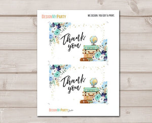 Travel Thank you Card Adventure Thank You Note 4x6" Bridal Shower Blue Gold Flowers Floral Globe Confetti Instant Download Printable 0030