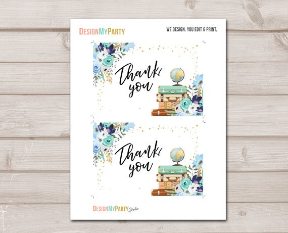 Travel Thank you Card Adventure Thank You Note 4x6" Bridal Shower Blue Gold Flowers Floral Globe Confetti Instant Download Printable 0030