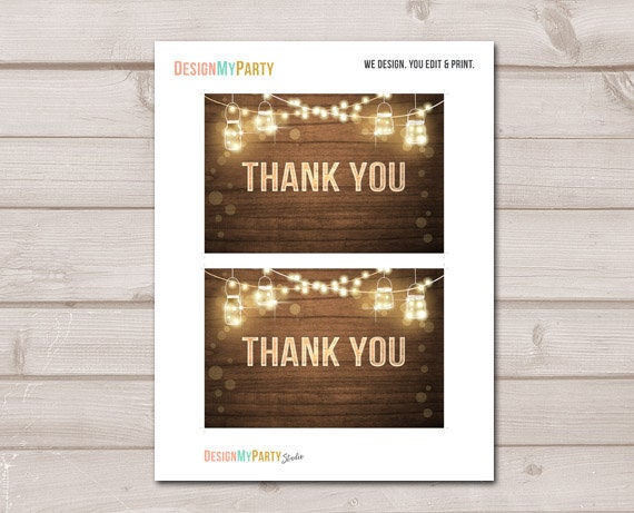 Rustic Thank You Card Wood Rustic String Lights Thank You Note Wedding Baby Shower Bridal Shower Jars Digital Download Printable 0015