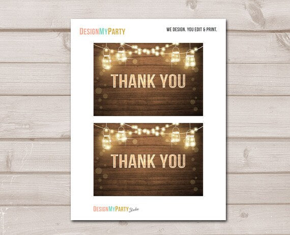 Rustic Thank you Card Wood Rustic String Lights Thank You Note 4x6" Wedding Baby Shower Bridal Shower Jars Neutral Instant Download 0015