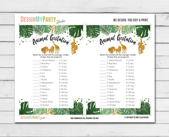 Safari Baby Shower Game Animal Gestation Game Cards Animal Pregnancy Jungle Animals Gold Black Zoo Activity Printable Instant Download 0016