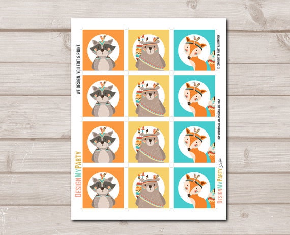 Tribal Woodland Cupcake Toppers Favor Tags Birthday Party Decoration Stickers Forest Animals Wild One Instant download PRINTABLE 0061