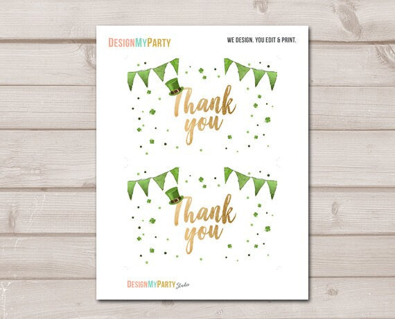 St Patricks Day Thank you Card St Patrick&#39;s Day Birthday Thank You Note Shamrock Green Gold Lucky One Birthday 4x6&quot; Instant Download 0115