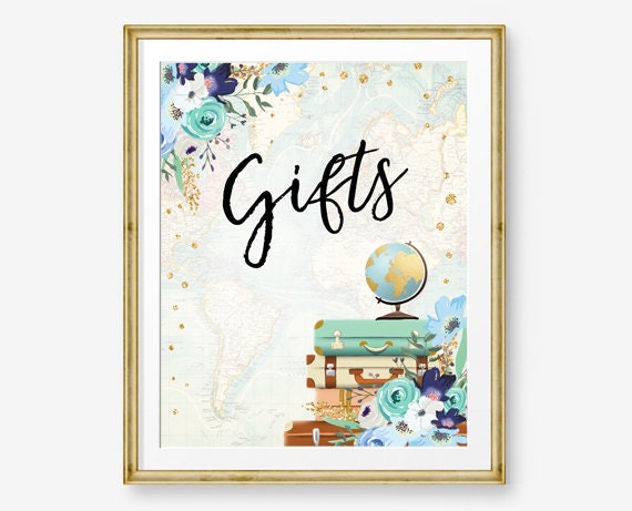 Gifts Sign Travel Adventure Bridal Shower Wedding Birthday Flowers Globe Suitcase Blue Gift Table Confetti Instant Download PRINTABLE 0030