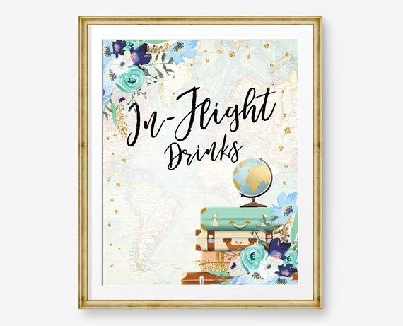 In-Flight Drinks Sign Travel Adventure Bridal Shower Wedding Birthday Flowers Globe Suitcase Blue Airplane Instant Download PRINTABLE 0030