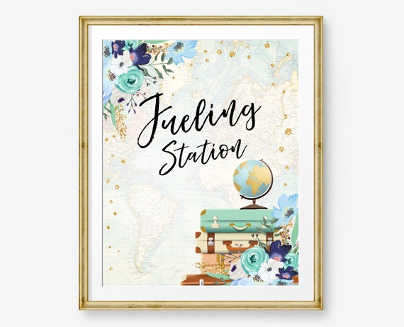 Fueling Station Sign Travel Adventure Bridal Shower Wedding Birthday Flowers Globe Suitcase Blue Confetti Instant Download Printable 0030