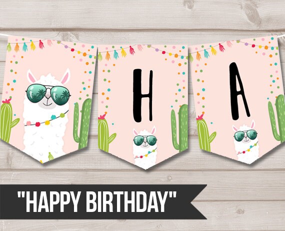 Happy Birthday Banner Llama Birthday Banner Fiesta Birthday Girl Cactus Llama Decoration Pink Instant download PRINTABLE DIGITAL DIY 0079