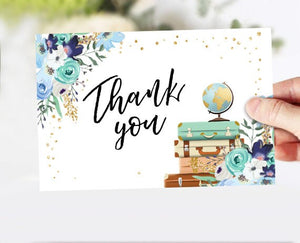Travel Thank you Card Adventure Thank You Note 4x6" Bridal Shower Blue Gold Flowers Floral Globe Confetti Instant Download Printable 0030