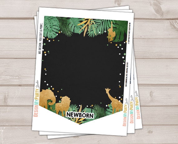 Safari First birthday banner Monthly Photo Banner Zoo Jungle Banner Gold and Black Elephant Giraffe Wild one Animals PRINTABLE Digital 0016