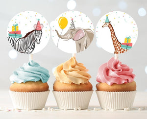 Party Animals Cupcake Toppers Favor Tags Birthday Party Decoration Safari Animals Zoo Birthday Wild One download Digital PRINTABLE 0142