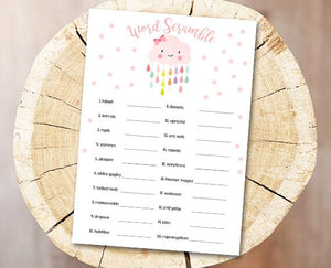 Cloud Baby Shower Word Scramble Game Cards Baby Girl Pink Raindrops Rain Drops Shower Activity Printable Instant Download DIY Game 0036