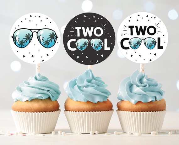 Two Cool Cupcake Toppers Favor Tags Boy 2nd Birthday Party Decoration I&#39;m This Many Two Cool Birthday Blue download Digital PRINTABLE 0136