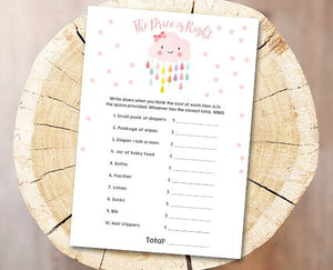 Cloud Baby Shower The Price is Right Game Cards Raindrops Rain Drops Pink Girl Printable Baby Game Shower Activities DIY Printable 0036