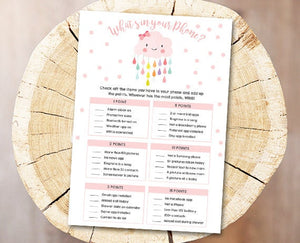 Cloud Baby Shower What's in Your Phone Game Cards Raindrops Rain Pink Baby Game Shower Activities Digital Download File DIY Printable 0036