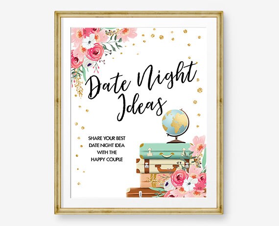 Date Night Ideas Bridal Shower Game Travel Themed Floral Pink and Gold Date Jar Sign Date Night Shower Games Instant Download Printable 0030