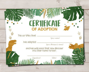 Dinosaur Adoption Certificate Dinosaur Adoption Dinosaur Birthday Dino Party Decor Boy Green Gold Instant Download Digital PRINTABLE 0146