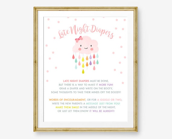 Late Night Diapers Baby Shower Sign Baby shower activity Rain Cloud shower game sign Raindrops Girl Baby shower Cloud Digital Printable 0036