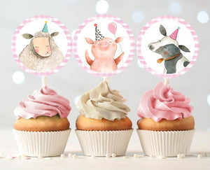 Barnyard Birthday Cupcake Toppers Favor Tags Farm Birthday Party Decoration Girl Farm Animals Pink Stickers download Digital PRINTABLE 0155