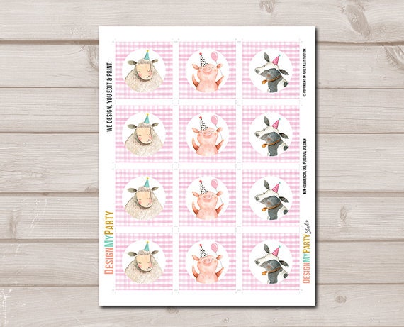 Barnyard Birthday Cupcake Toppers Favor Tags Farm Birthday Party Decoration Girl Farm Animals Pink Stickers download Digital PRINTABLE 0155