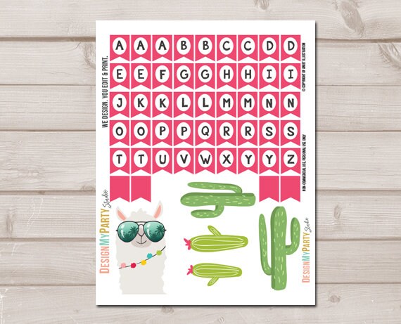 Llama Cake Topper Llama Birthday Llama Party Decor Fiesta Mexican Girl Birthday Cake Name Banner Instant Digital Download Printable 0079