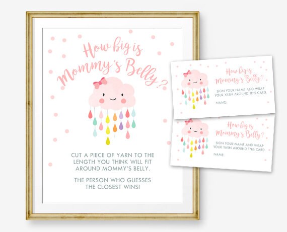 How Big is Mommy&#39;s Belly Baby Shower Game Girl Pink Cloud Baby Shower Sprinkle Raindrops Guess Printable Instant Download DIY Game 0036