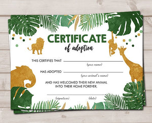 Adopt an Animal Adoption Certificate Safari Adoption Wild One Birthday Boy Green Gold Party Animal Instant Download Digital PRINTABLE 0016