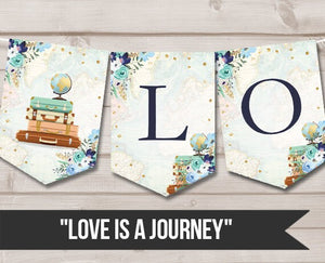 Love is a Journey Banner Traveling Bridal Shower Banner Adventure Themed Suitcases World Map Blue Instant Download PRINTABLE DIGITAL 0030