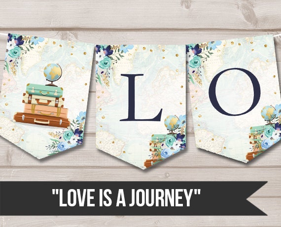 Love is a Journey Banner Traveling Bridal Shower Banner Adventure Themed Suitcases World Map Blue Instant Download PRINTABLE DIGITAL 0030