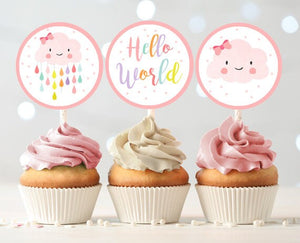 Cloud Baby Shower Cupcake Toppers Favor Tags Rain Cloud Decoration Baby Sprinkle Rainbow Raindrops Girl Pink download Digital PRINTABLE 0036