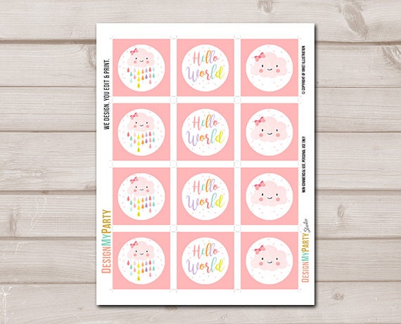 Cloud Baby Shower Cupcake Toppers Favor Tags Rain Cloud Decoration Baby Sprinkle Rainbow Raindrops Girl Pink download Digital PRINTABLE 0036