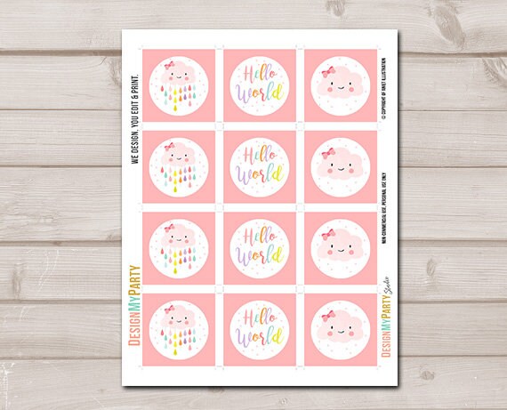 Cloud Baby Shower Cupcake Toppers Favor Tags Rain Cloud Decoration Baby Sprinkle Rainbow Raindrops Girl Pink download Digital PRINTABLE 0036