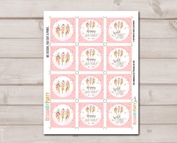 Wild One Cupcake Toppers Favor Tags Birthday Party Decor Stickers Pink Gold Feathers Tribal First Birthday download Digital PRINTABLE 0073
