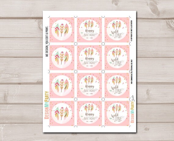 Wild One Cupcake Toppers Favor Tags Birthday Party Decor Stickers Pink Gold Feathers Tribal First Birthday download Digital PRINTABLE 0073