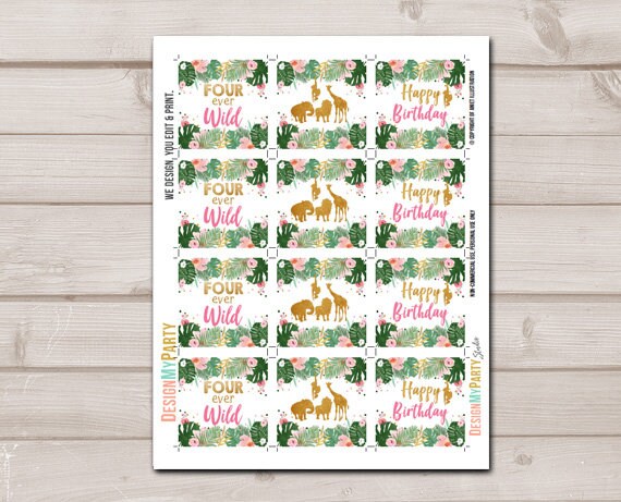 Fourever Wild Cupcake Toppers Favor Tags Birthday Party Decoration Girl Stickers Safari Animals Pink Gold download Digital PRINTABLE 0016