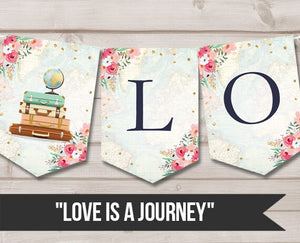 Love is a Journey Banner Travel Adventure Bridal Shower Suitcases World Map Pink Floral Gold Instant Download DIGITAL PRINTABLE 0030
