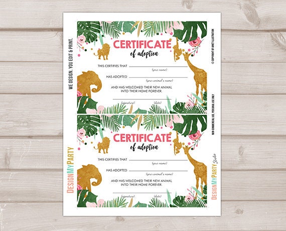 Adopt an Animal Adoption Certificate Safari Adoption Wild One Birthday Girl Pink Gold Party Animal Instant Download Digital Printable 0016