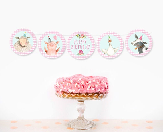 Farm Animals Birthday Banner Barnyard Birthday Garland Girl Birthday Decor Party Decorations Cor Pig Sheep Banner DIY Digital Printable 0155