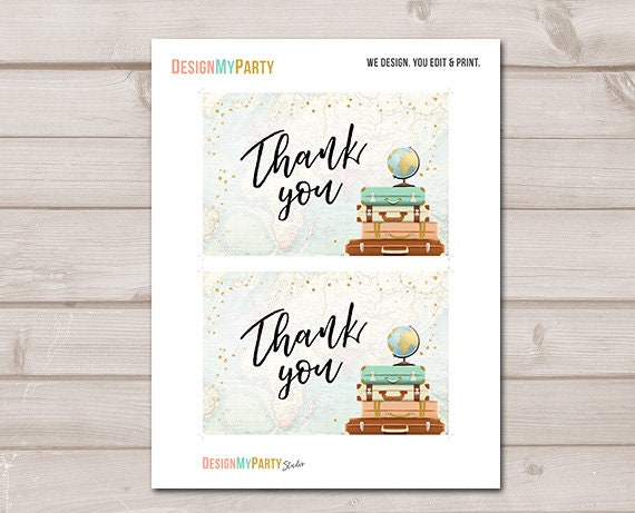 Travel Thank You Card Adventure Thank You Note 4x6&quot; Traveling to Mrs Bridal Shower Wedding Journey Suitcases Instant Download Printable 0263