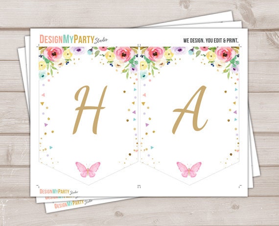 Happy Birthday Banner Butterfly Birthday Banner Floral Flowers Pink and Gold Girl Birthday Butterfly Banner download PRINTABLE DIGITAL 0162