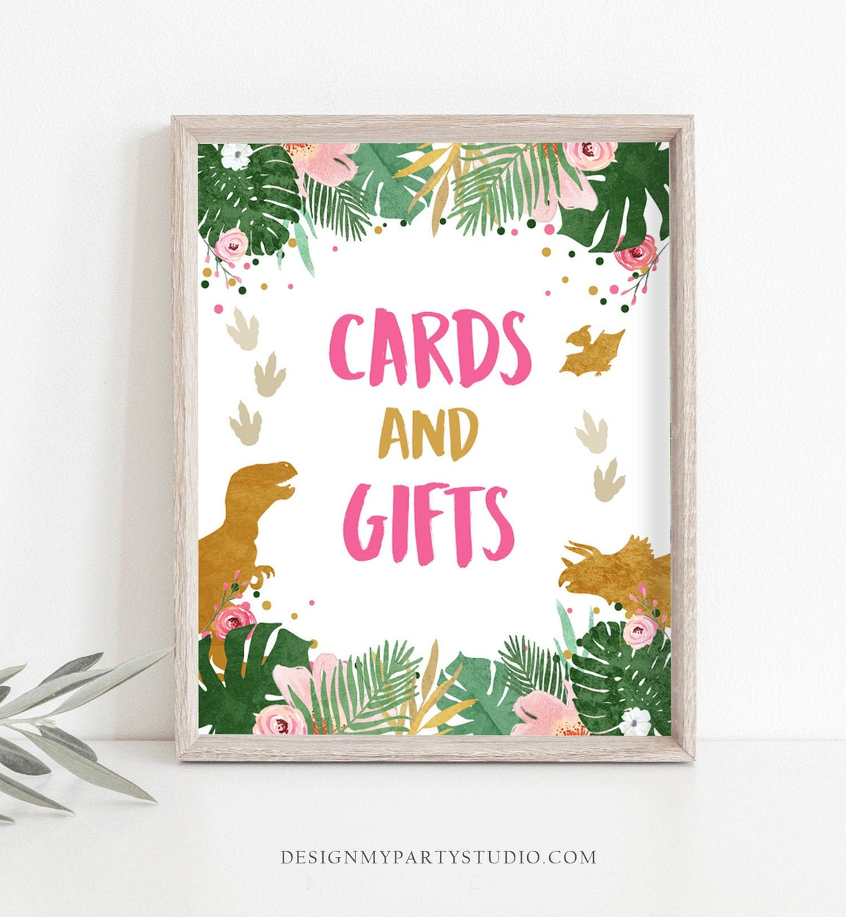 Cards And Gifts Sign Table Decor Dinosaur Sign Dino Gift Table Prehistoric Party Girl Pink Gold Gift Table Jungle Leaves Sign Printable 0146