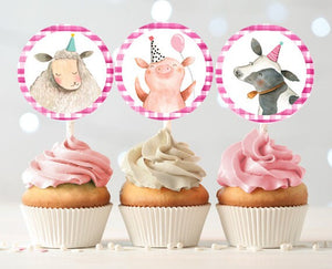 Barnyard Birthday Cupcake Toppers Favor Tags Farm Birthday Party Decoration Girl Farm Animals Pink Stickers download PRINTABLE 0155 0160