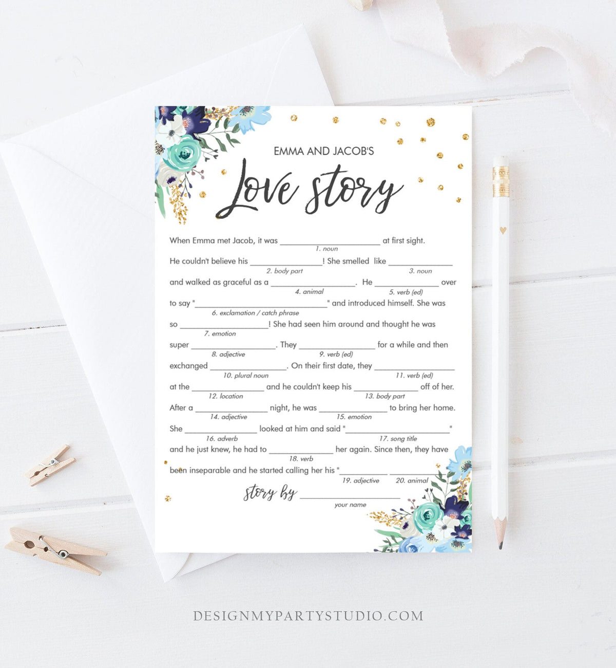 Editable Travel Floral Bridal Shower Games Bundle Wedding Shower Activity Blue Gold Confetti Traveling to Mrs Corjl Template Printable 0030