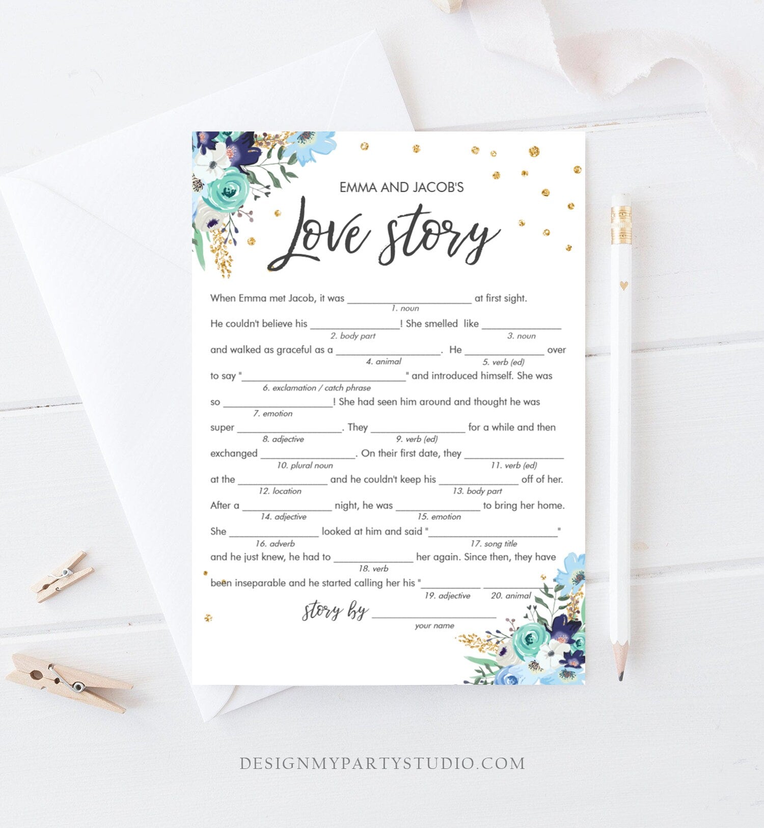 Editable Travel Floral Bridal Shower Games Bundle Wedding Shower Activity Blue Gold Confetti Traveling to Mrs Corjl Template Printable 0030