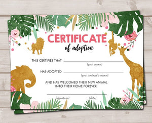 Adopt an Animal Adoption Certificate Safari Adoption Wild One Birthday Girl Pink Gold Party Animal Instant Download Digital PRINTABLE 0016